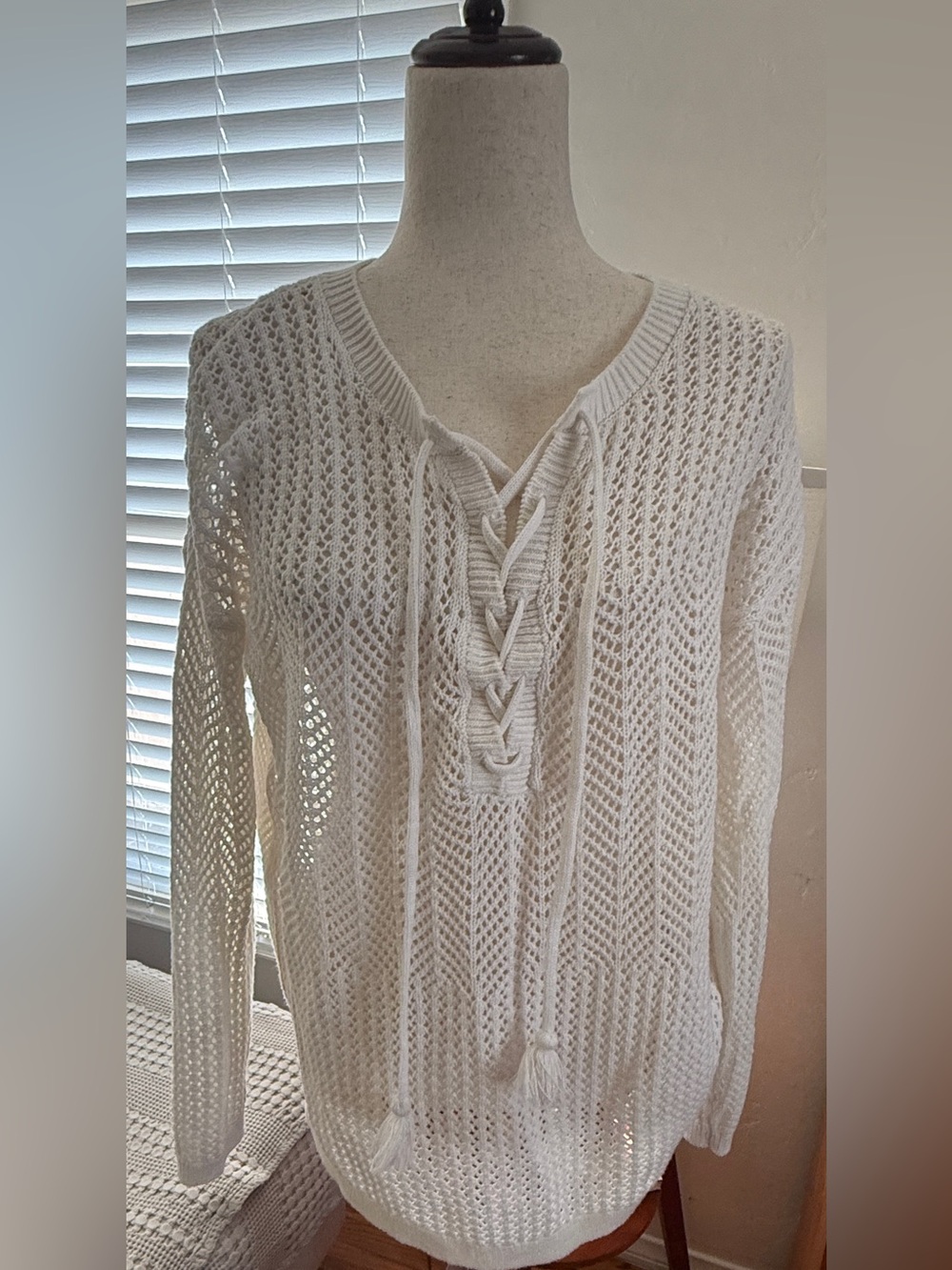LOFT Ivory Open-Knit Lace top with Ribbed Neck